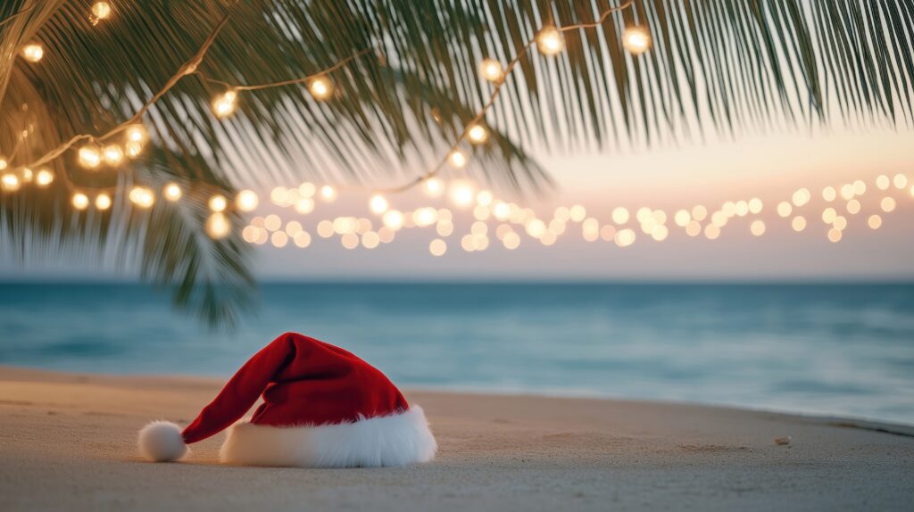 Santa hat on tropical beach